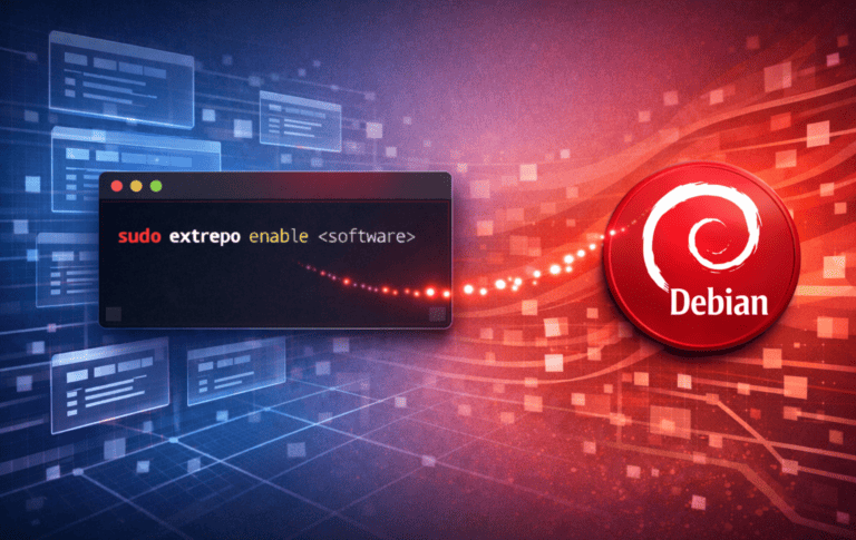 Terminal showing sudo extrepo enable command next to the Debian logo