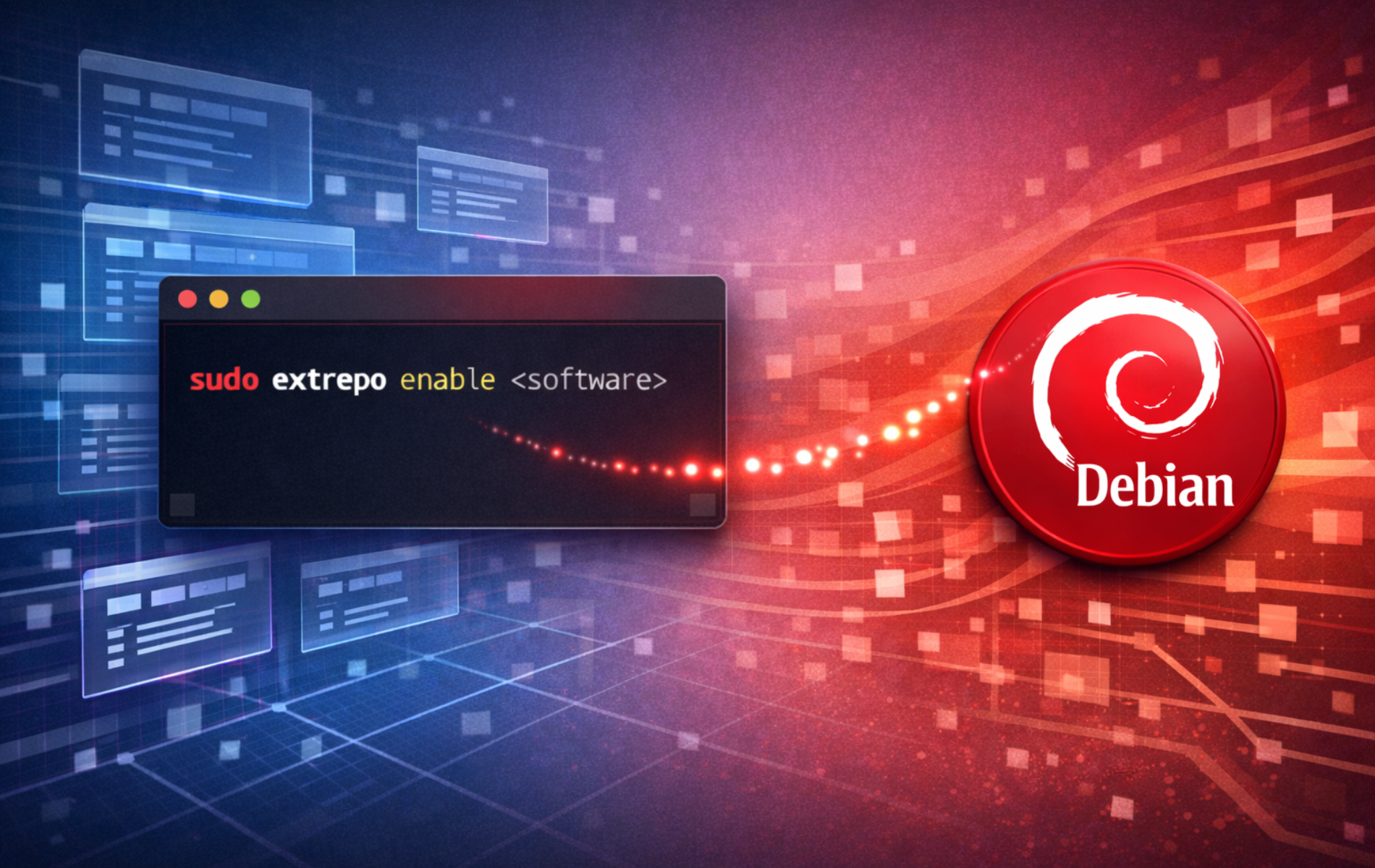 Terminal showing sudo extrepo enable command next to the Debian logo