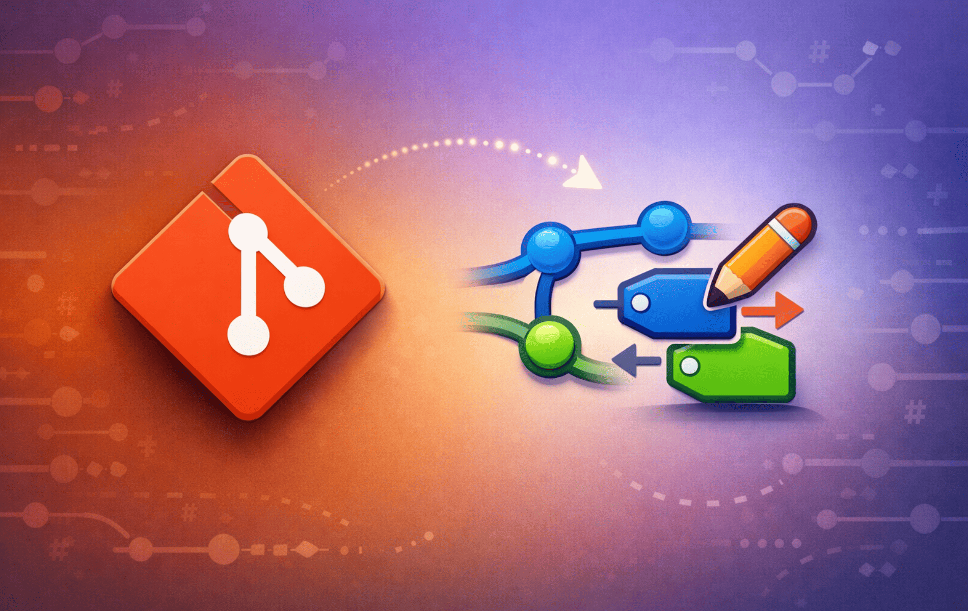 Git logo beside branching paths and an edit icon illustrating switching between Git branches