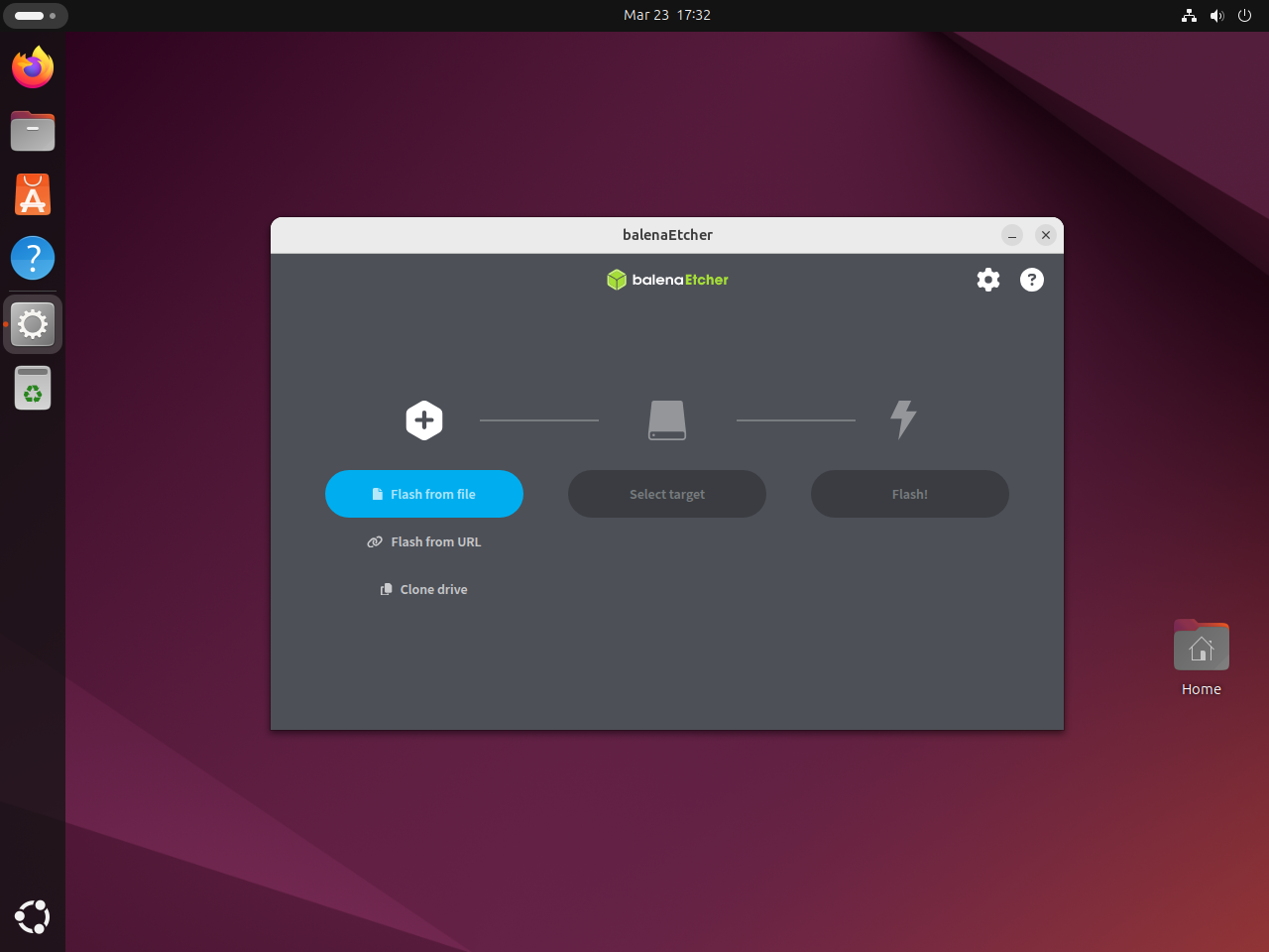 balenaEtcher open on Ubuntu with flash controls visible and ready to use.