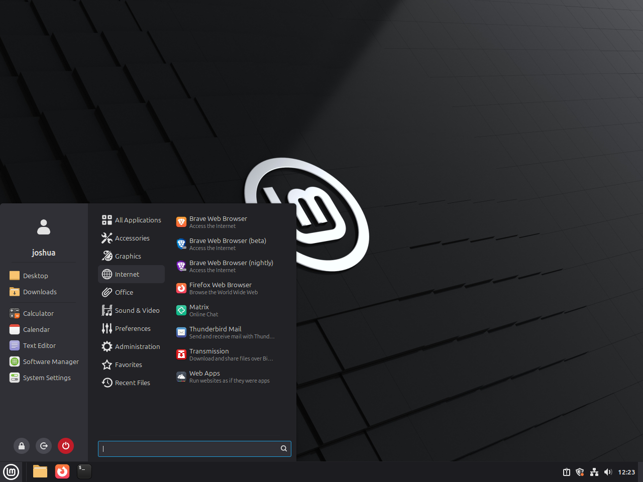 Linux Mint menu showing Brave Browser stable, beta, and nightly launchers