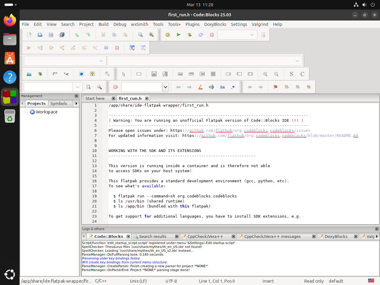 Code::Blocks editor window open on Ubuntu Linux showing the IDE workspace and toolbars