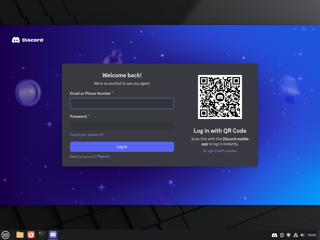 Discord desktop login screen open on Linux Mint with email, password, and QR sign-in options