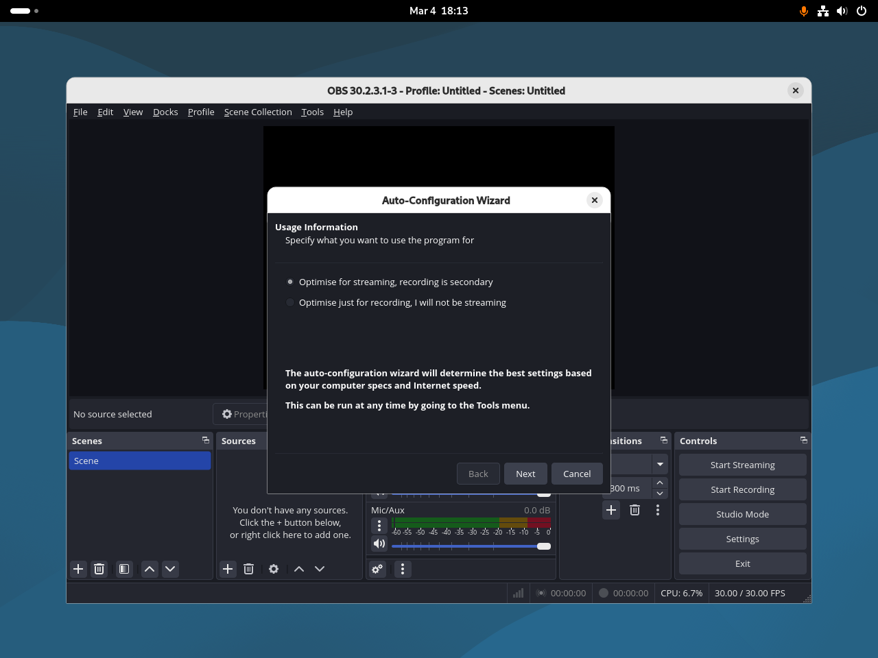 OBS Studio Auto-Configuration Wizard on Debian prompting to optimize for streaming or recording