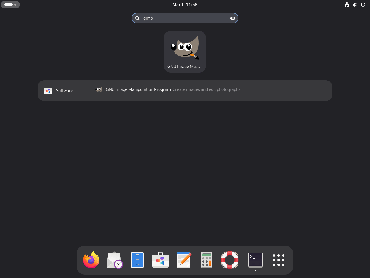 GNOME Activities search results showing the GIMP application icon on Debian