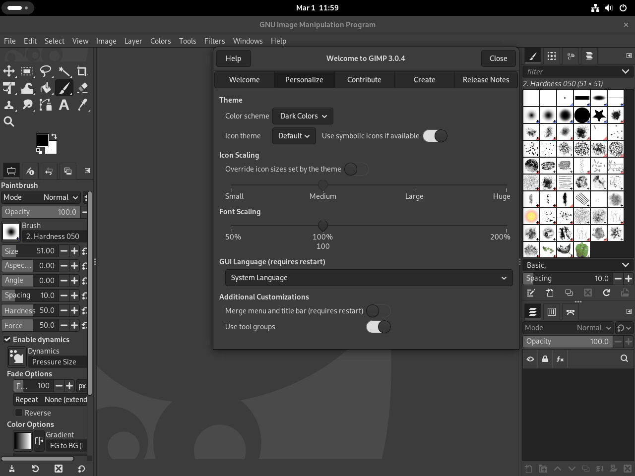 GIMP main window open on Debian with the Welcome dialog showing personalization options