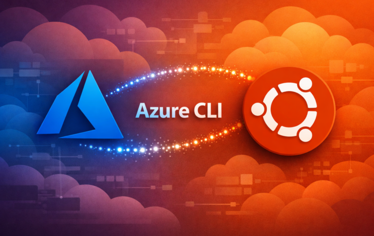 Azure CLI and Ubuntu logos connected across a cloud-themed background