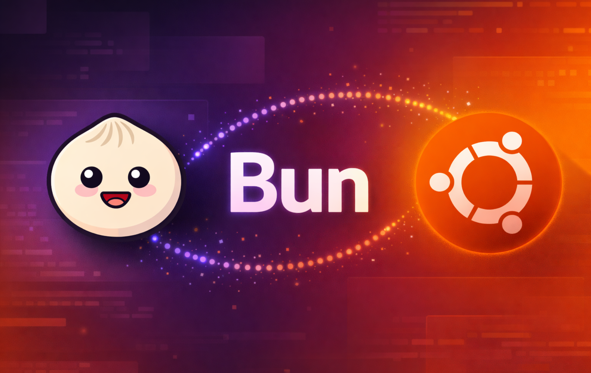 Bun mascot and Ubuntu logo connected by a particle trail representing JavaScript runtime installation
