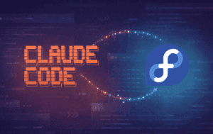 Claude Code title graphic beside the Fedora logo representing Claude Code setup on Fedora