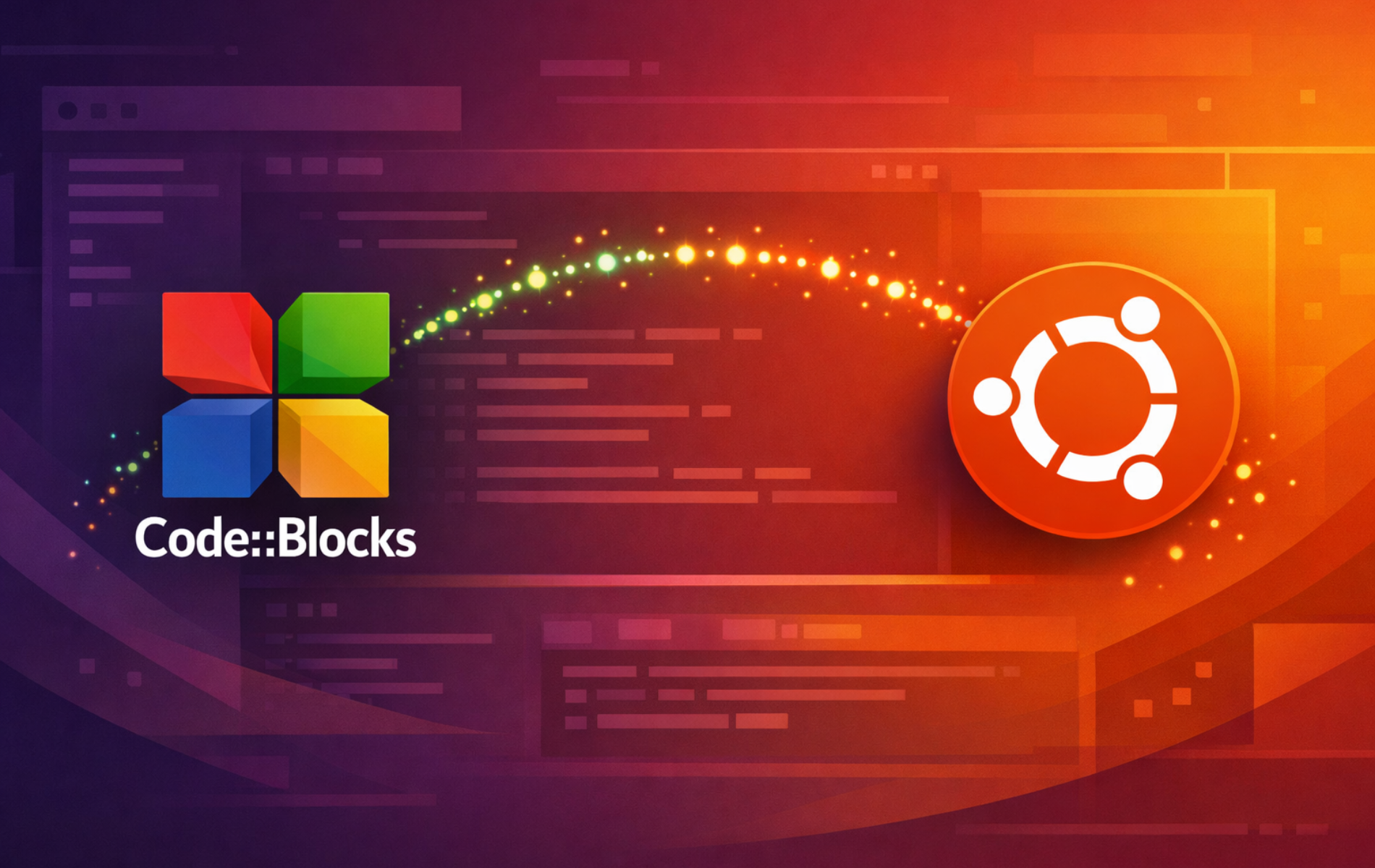 Code::Blocks branding with the Ubuntu logo over a warm developer-themed background