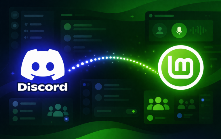 Discord and Linux Mint logos connected across a blue and green chat-themed background