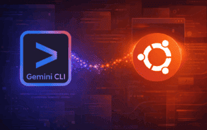 Gemini CLI logo beside the Ubuntu logo over a terminal and developer interface background