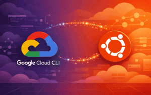 Google Cloud CLI graphic with Ubuntu logo and cloud workflow background