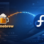 Homebrew and Fedora logos linked by a glowing path representing Homebrew package management on Fedora Linux