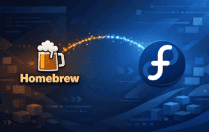 Homebrew and Fedora logos linked by a glowing path representing Homebrew package management on Fedora Linux