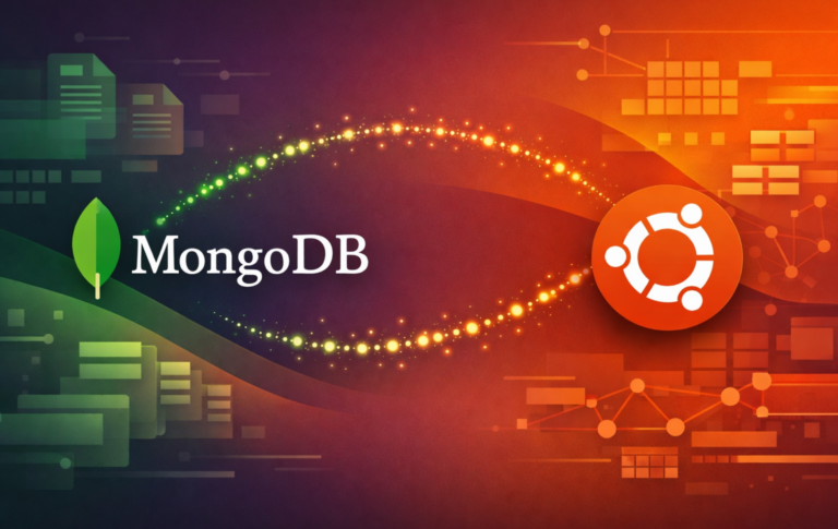 MongoDB and Ubuntu logos linked by a glowing data arc over an abstract database background