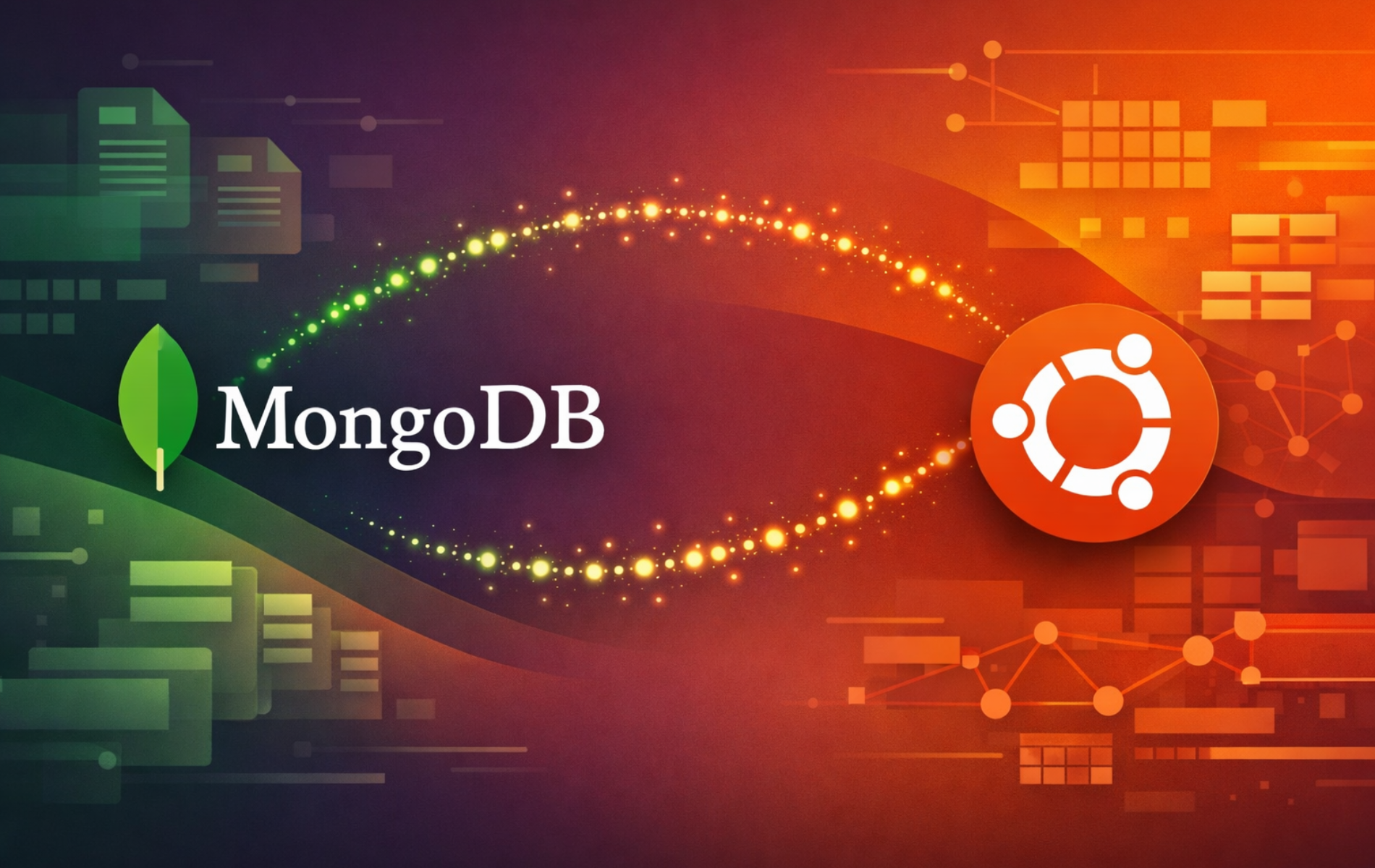 MongoDB and Ubuntu logos linked by a glowing data arc over an abstract database background