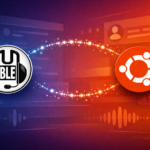 Mumble logo linked to Ubuntu artwork with voice chat panels and audio wave graphics in the background