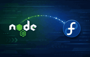 Node.js and Fedora logos connected by a glowing arc over a dark code-themed background