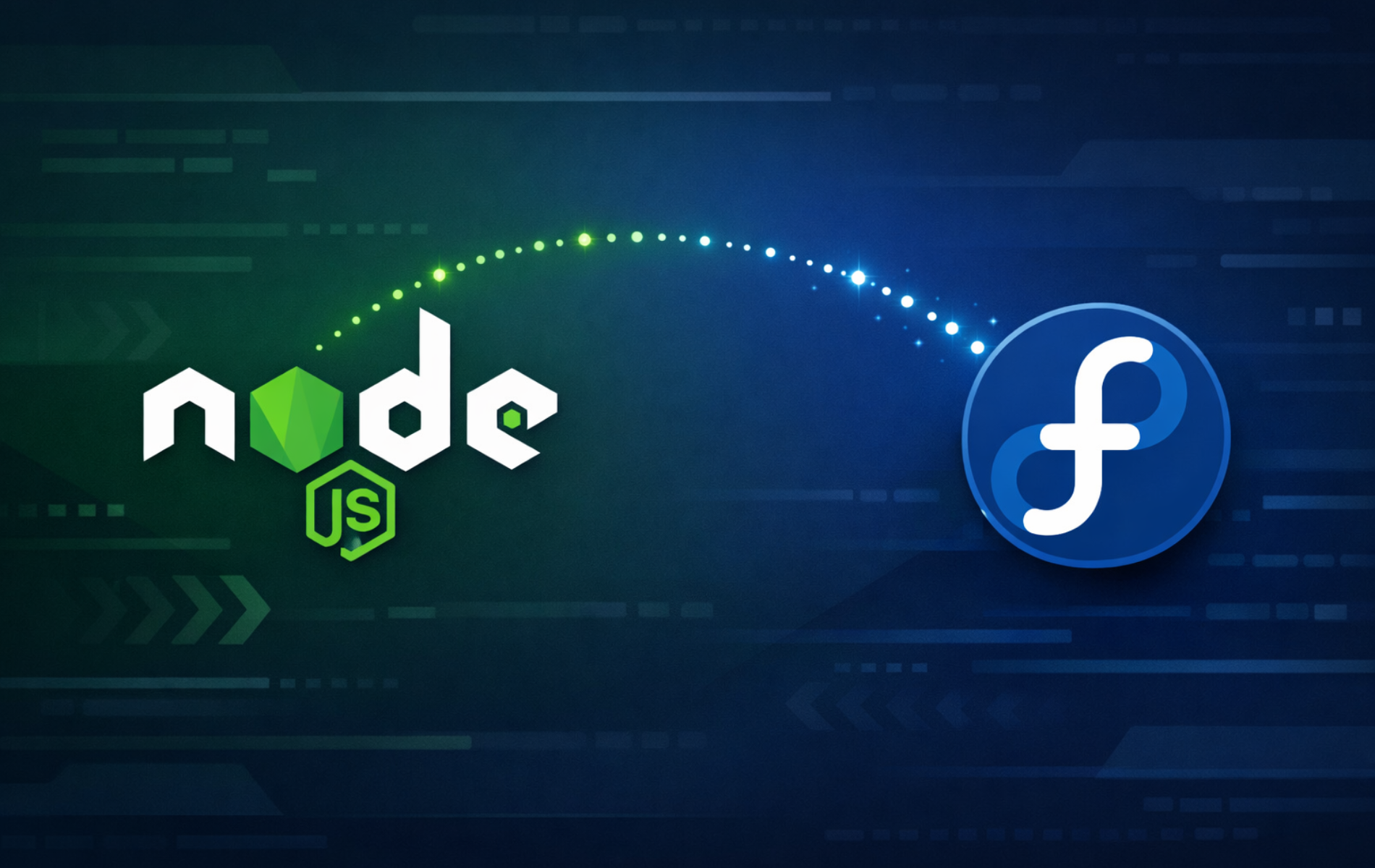 Node.js and Fedora logos connected by a glowing arc over a dark code-themed background