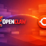 OpenClaw lobster logo linked to the Ubuntu logo over a purple and orange chat dashboard background