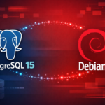 PostgreSQL 15 and Debian logos over a red and blue database-themed background with a connection trail