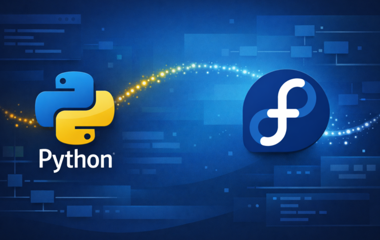 Python and Fedora logos on a blue code-themed background