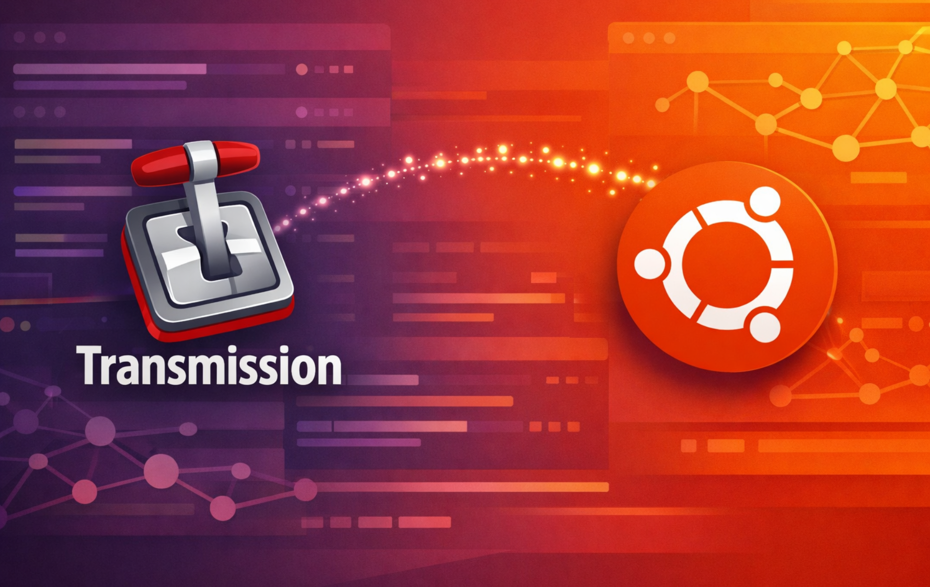 Transmission on Ubuntu feature graphic with the Transmission logo beside Ubuntu branding on an orange and purple background