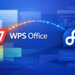 WPS Office feature graphic with WPS branding beside the Fedora logo on a blue background
