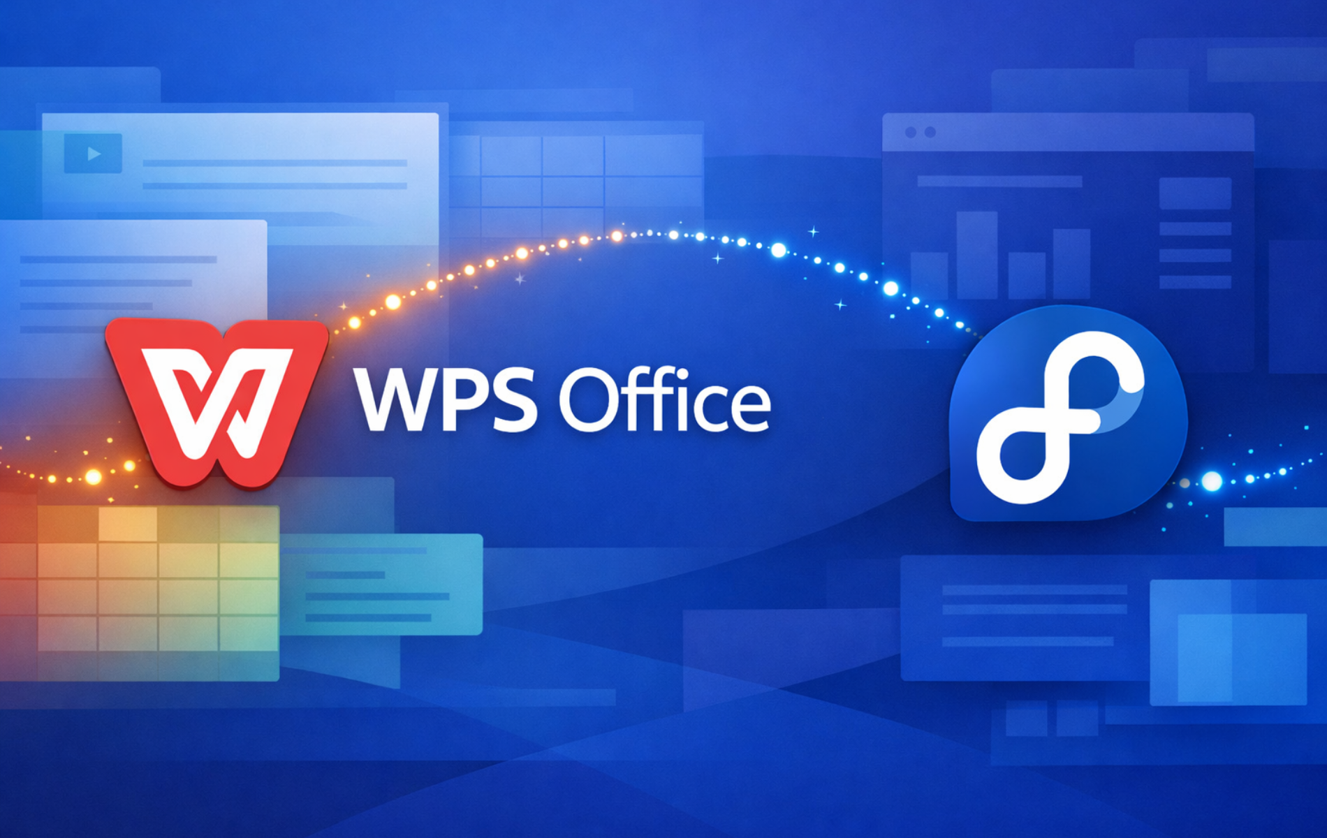 WPS Office feature graphic with WPS branding beside the Fedora logo on a blue background