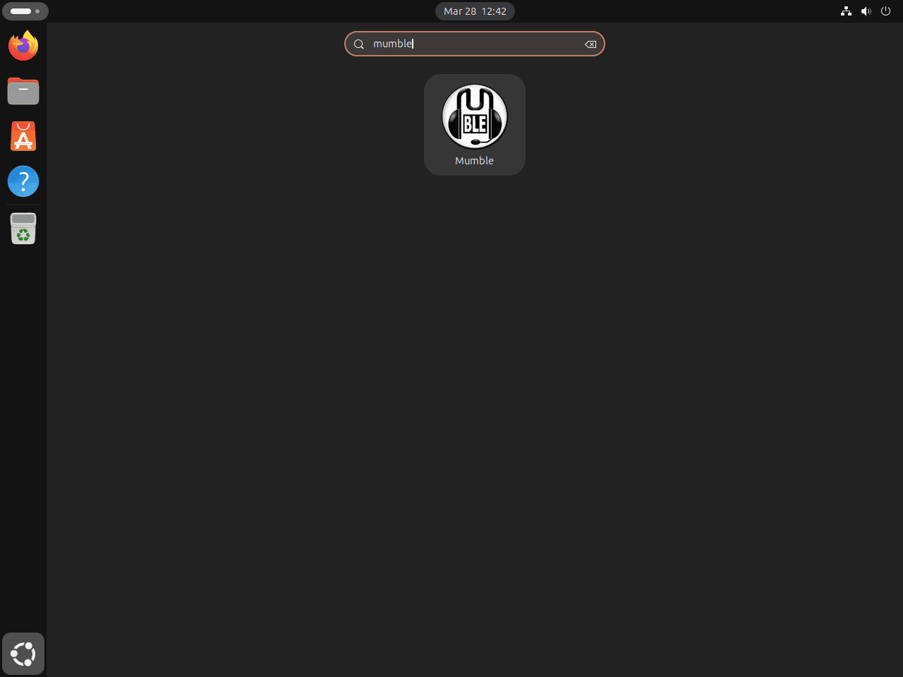 GNOME Activities search showing the Mumble launcher icon on Ubuntu Linux