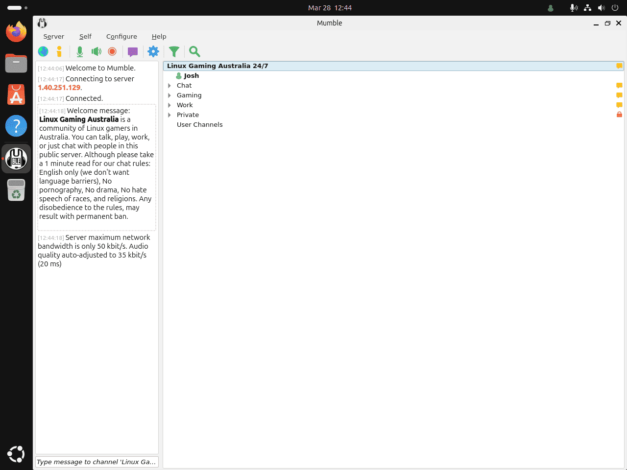 Mumble client window on Ubuntu showing a connected voice server and channel list