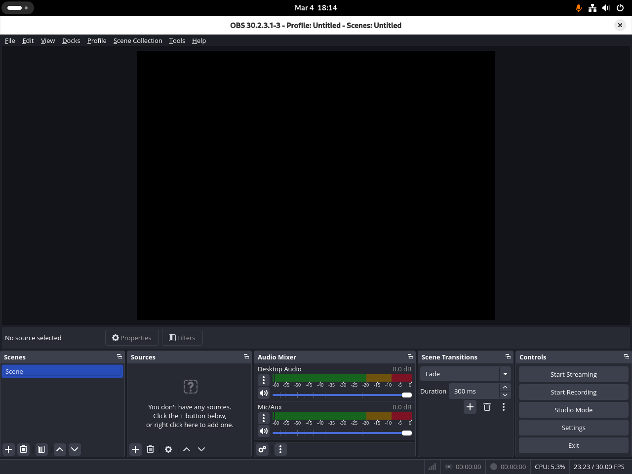 OBS Studio main window on Debian showing Scenes, Sources, Audio Mixer, and Controls panels