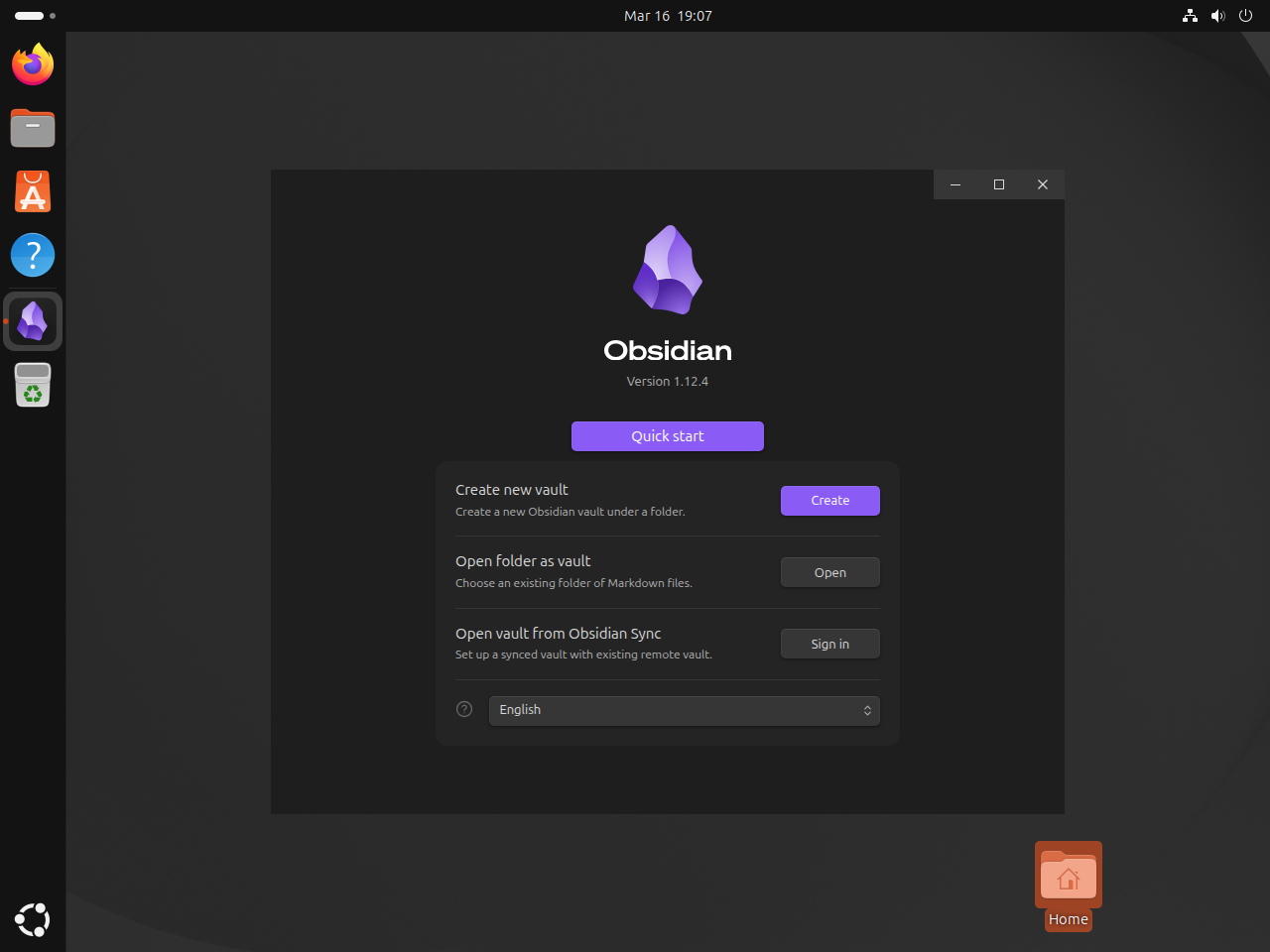 Obsidian welcome window on Ubuntu showing options to create or open a vault