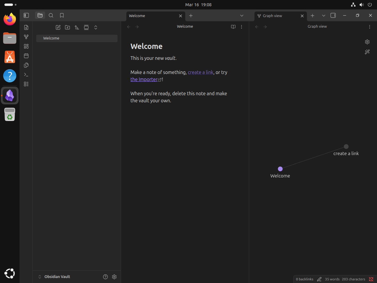 Obsidian workspace on Ubuntu with a vault open and Graph view visible