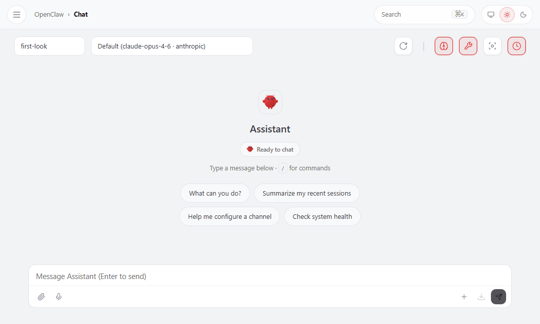 OpenClaw assistant chat workspace in the browser showing the session picker, model selector, quick actions, and message box ready for a prompt