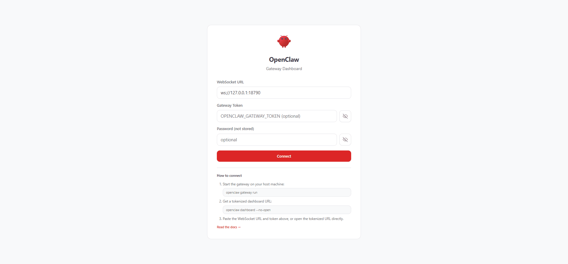 OpenClaw Control connection screen showing the token form before the local dashboard connects