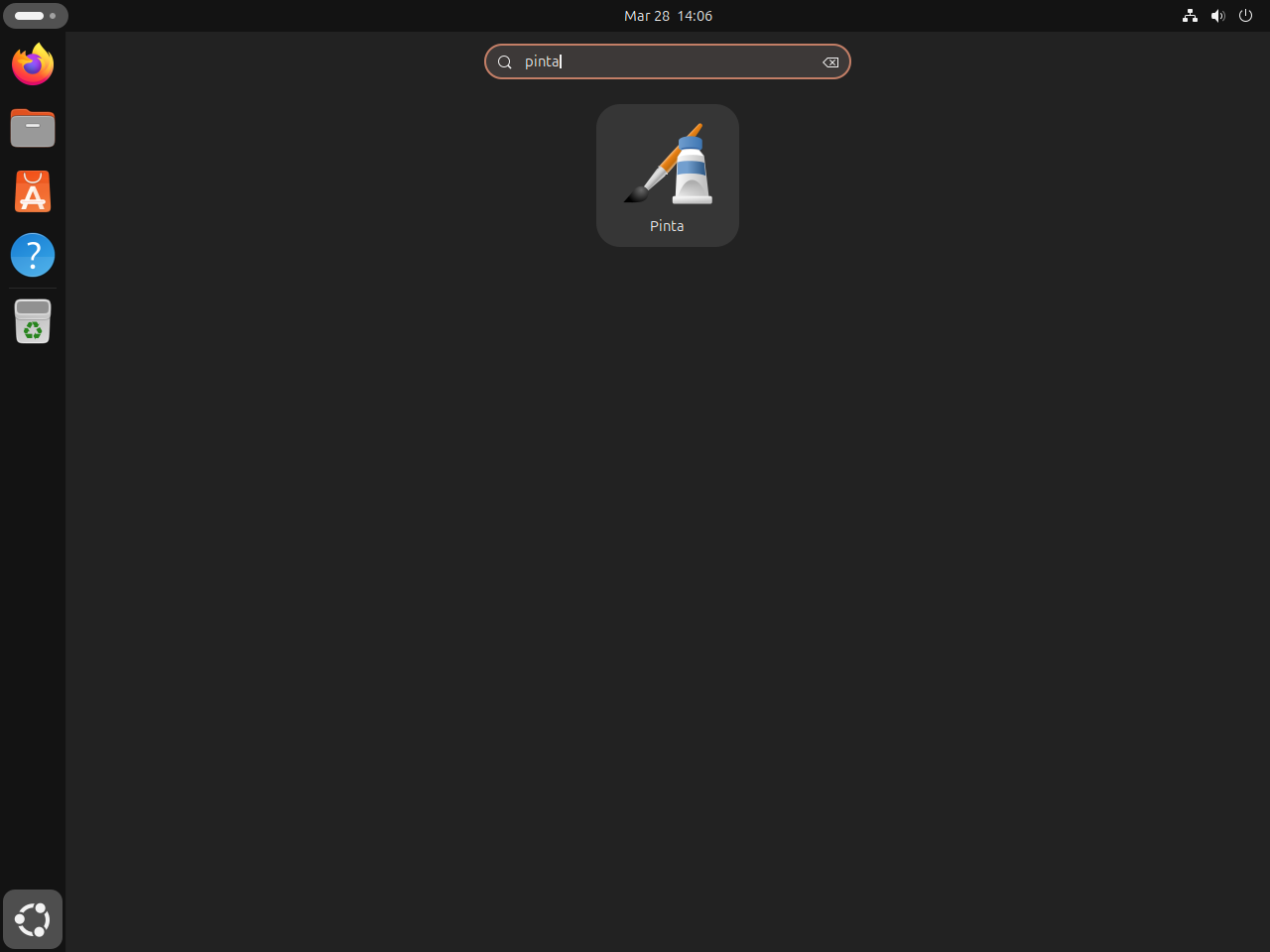 Pinta application icon shown in the Ubuntu application menu search results