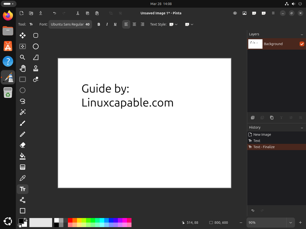 Pinta open on Ubuntu with the default editing window and canvas visible