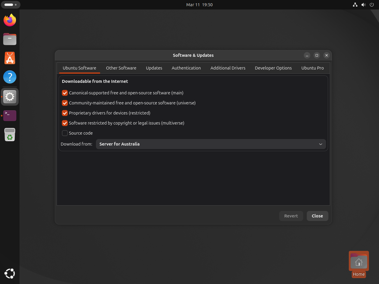 Software & Updates window on Ubuntu with Universe and Multiverse enabled