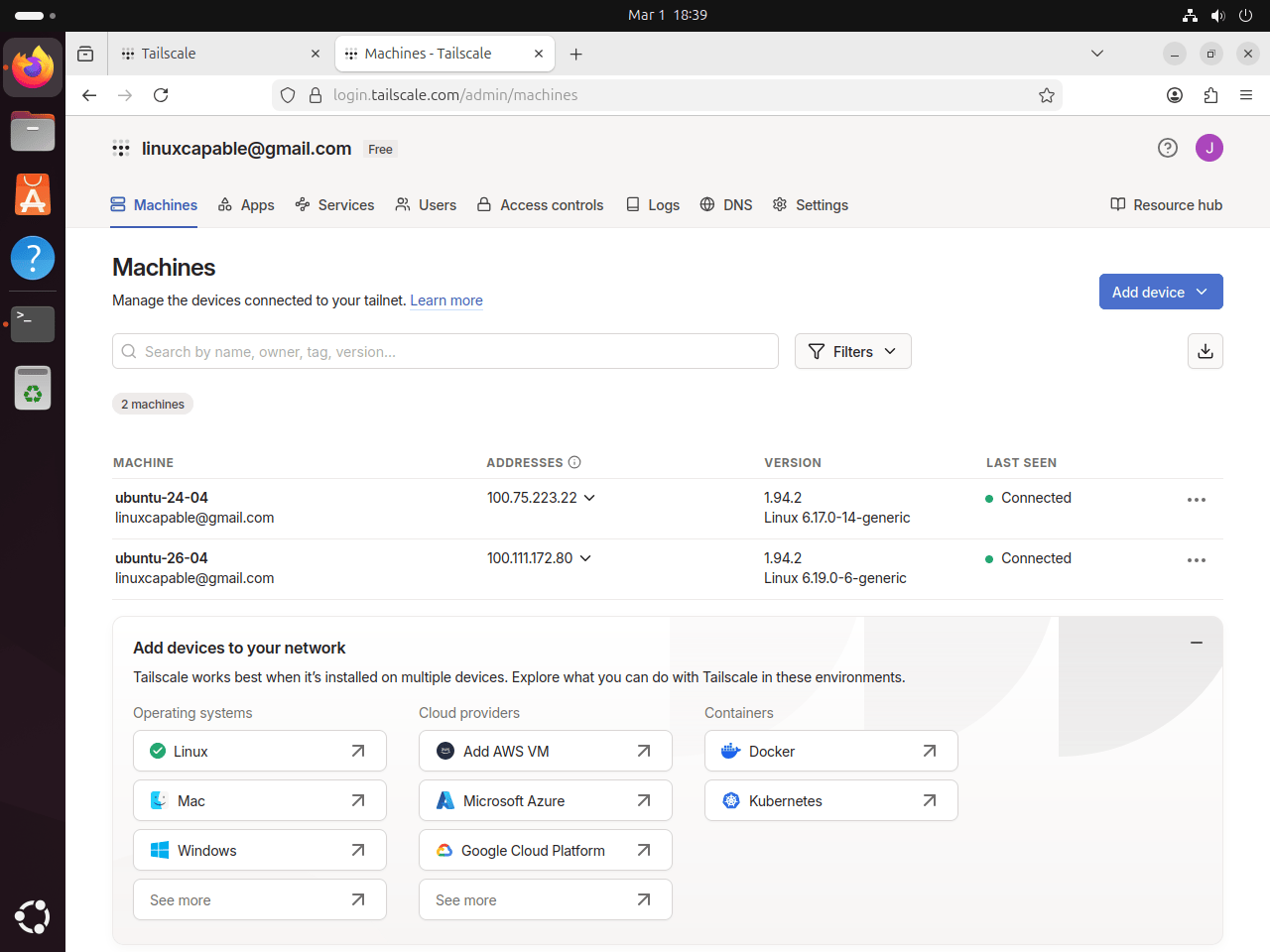 Tailscale Machines page showing two Ubuntu devices connected in the same private network