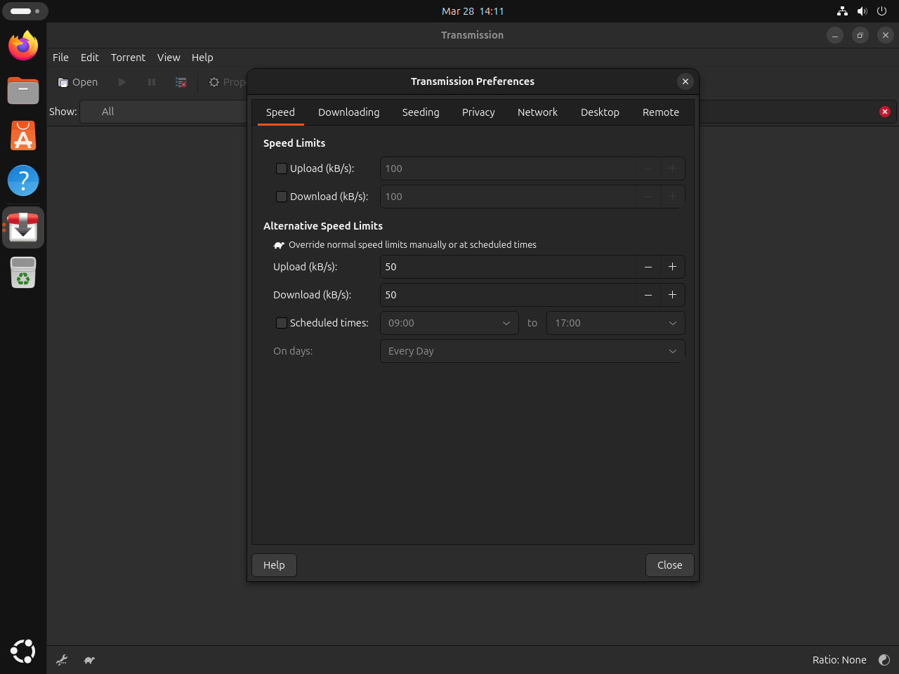 Transmission Preferences on Ubuntu showing speed limits and scheduled bandwidth controls