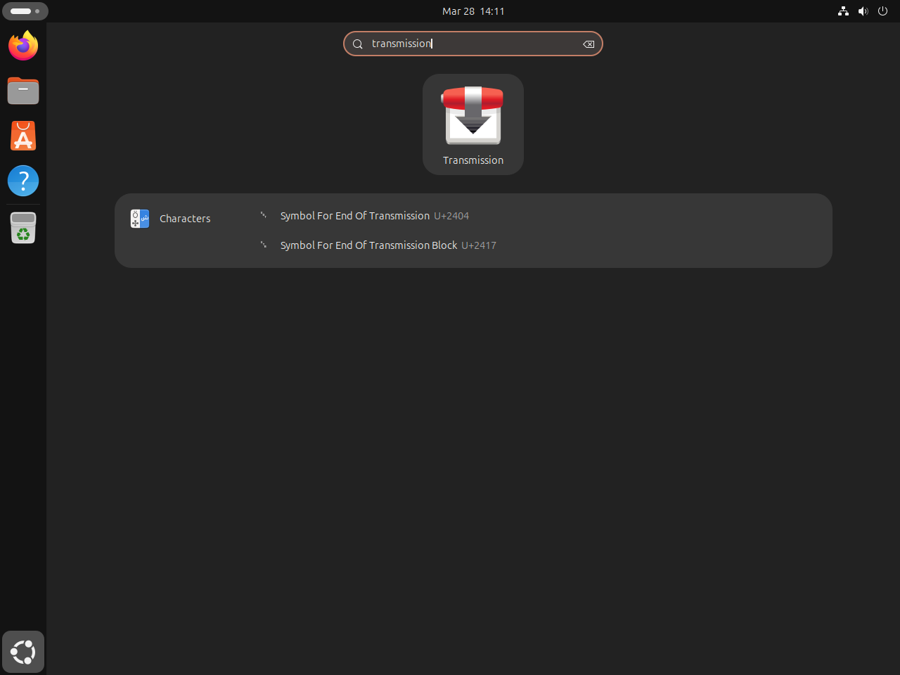 Transmission application icon shown in the Ubuntu application menu search results