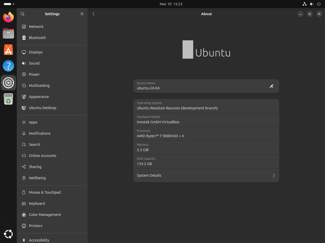 Ubuntu Settings About page showing the operating system details and system information