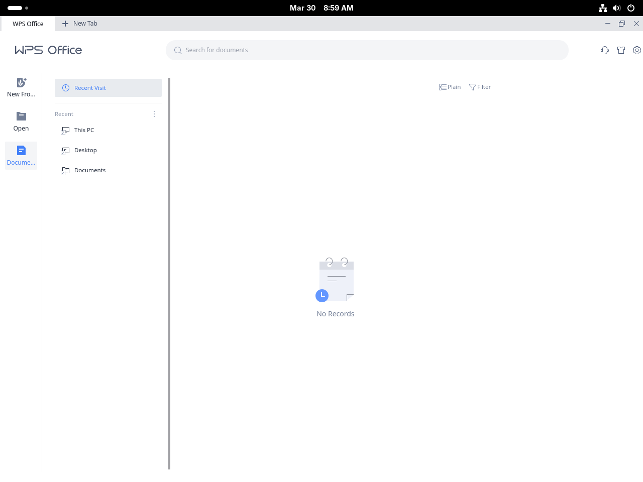 WPS Office home screen open on Fedora with Recent Visit selected and no records shown