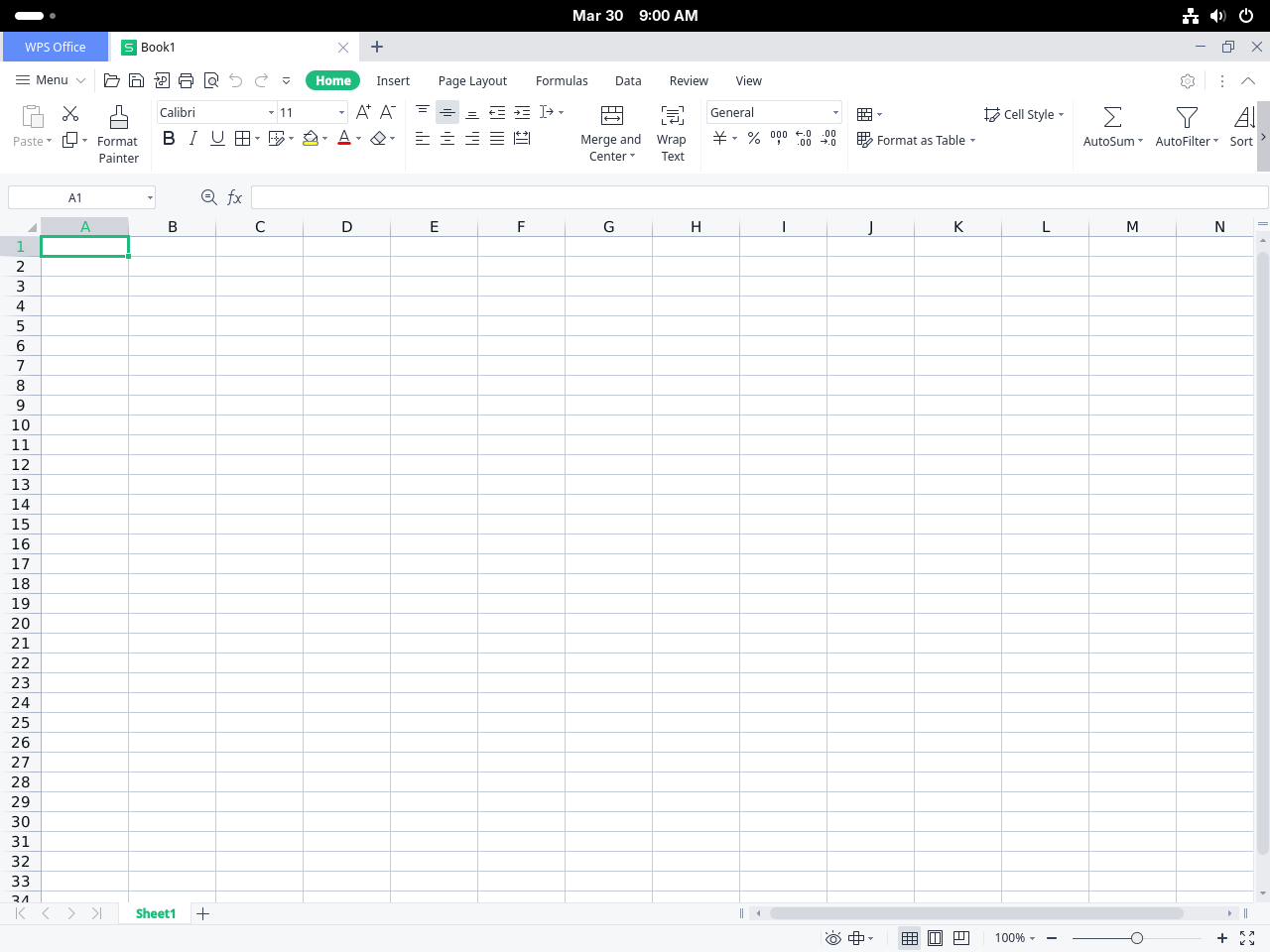 WPS Spreadsheets open on Fedora with a blank workbook and cell A1 selected