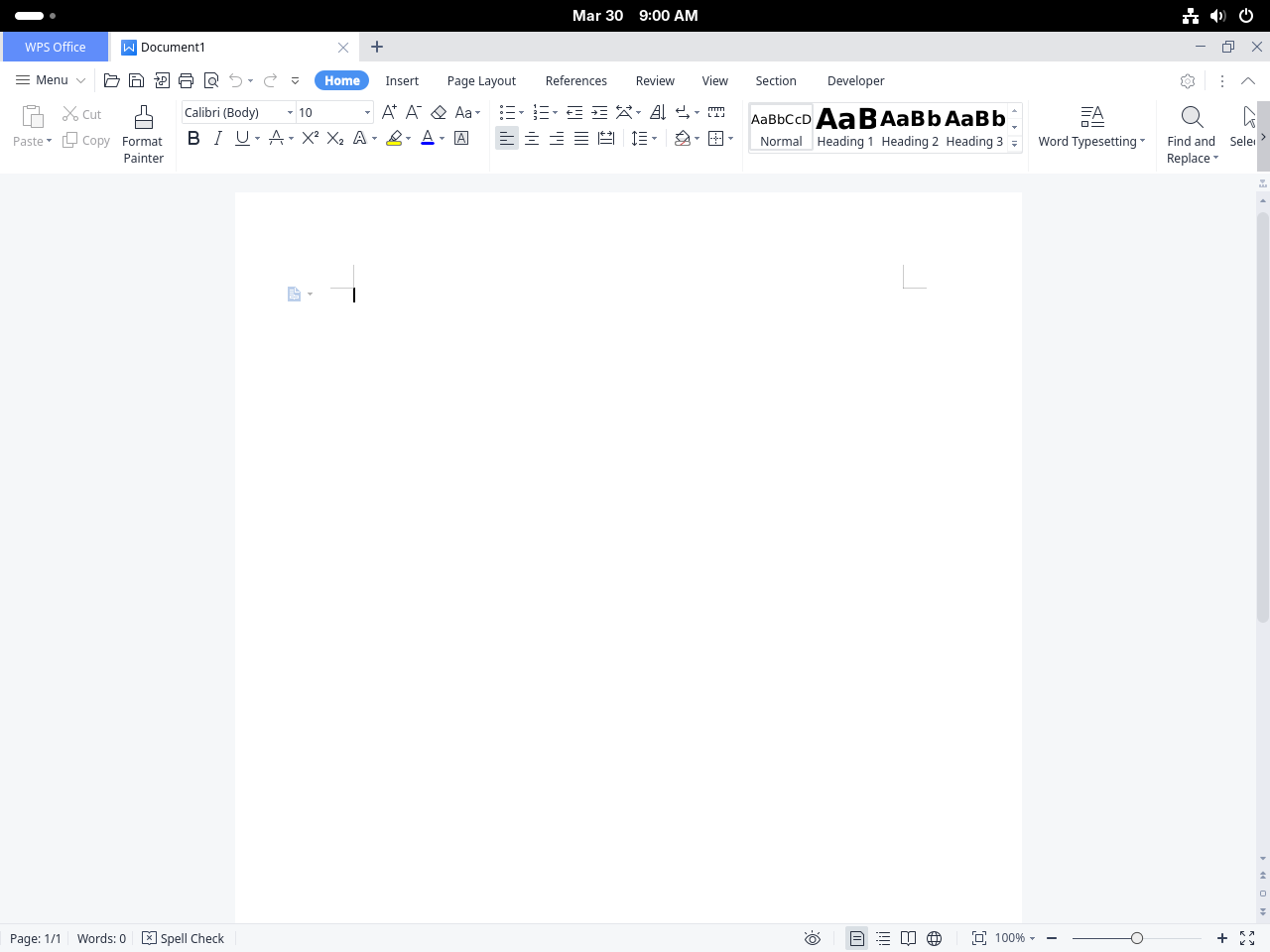 WPS Writer open on Fedora with a blank document ready for editing