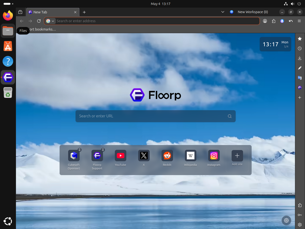 Floorp new tab page open on Ubuntu after the browser setup flow
