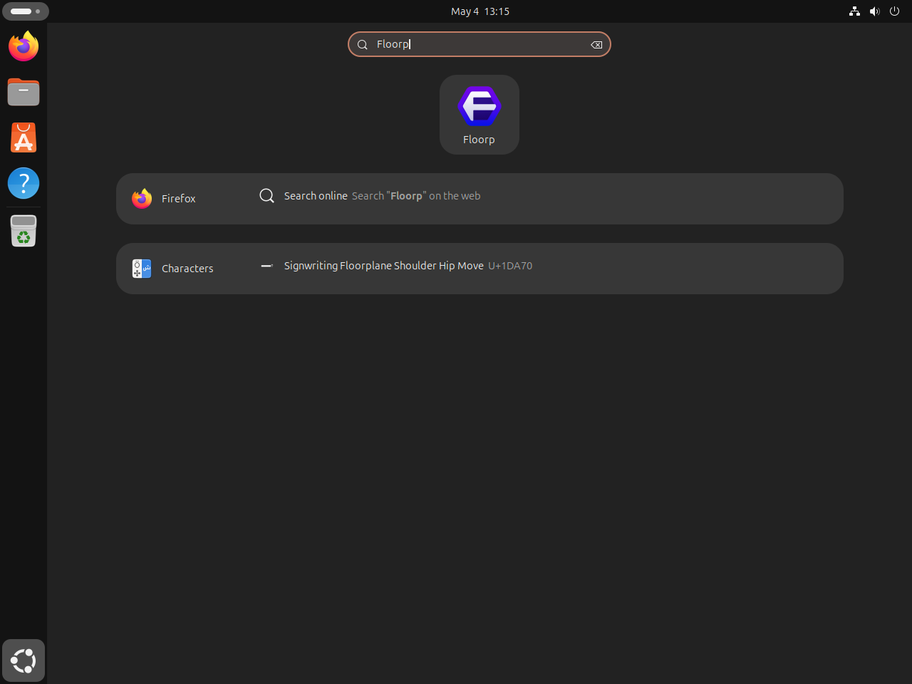 Ubuntu Activities search showing the Floorp launcher after installation