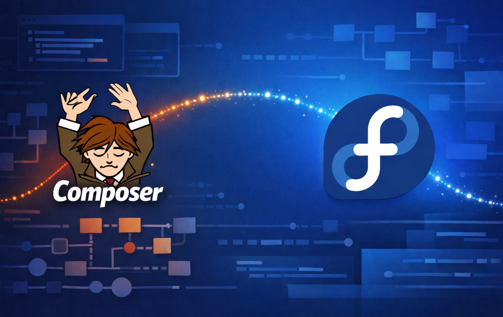 Composer on Fedora feature graphic with Composer branding beside the Fedora logo on a blue workflow background